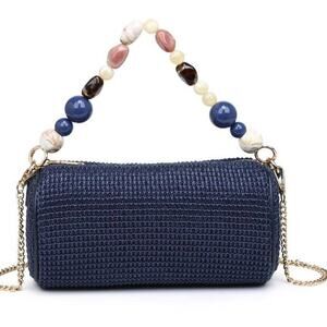 Rachel Woven Barrel Clutch | Navy with Beaded Handle & Chain Strap